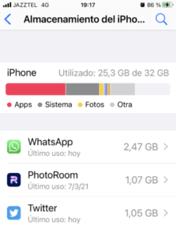 Estado de almacenamiento en Iphone.