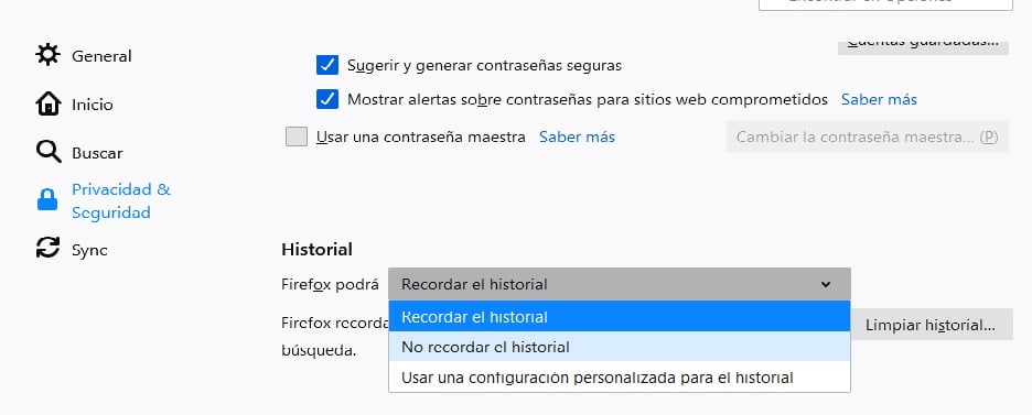 Como configurar Firefox para no guardar el historial de búsquedas
